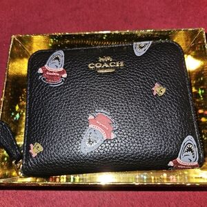 NWT COACH BLACK/MULTI PEBBLE LEATHER SM ZIP AROUND WALLET